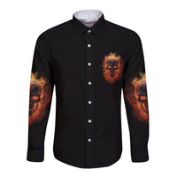Unisex long-sleeve button shirt, black with chest monster graphic and fiery sleeves