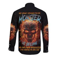 Unisex long-sleeve button shirt, black with monster skull back graphic and flames