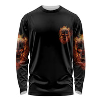 Unisex black long-sleeve shirt with fiery skull graphic on the chest