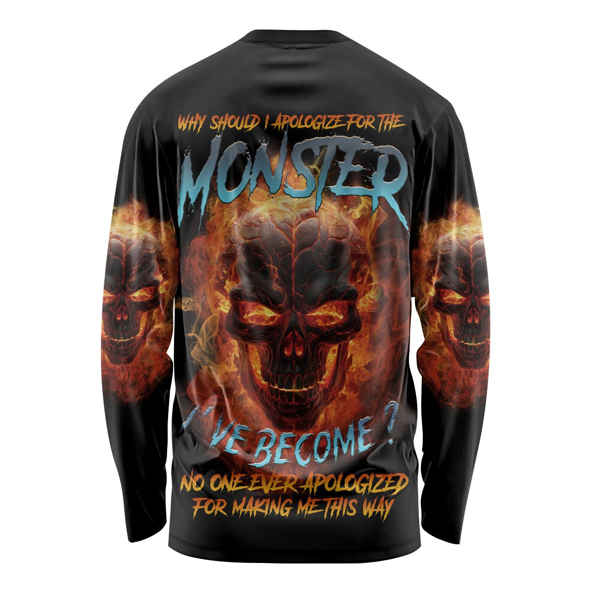 Unisex black long-sleeve shirt with fiery skull monster graphic