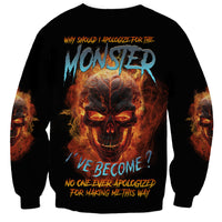 Black crewneck sweatshirt with monster skull graphic and flame text on front/back