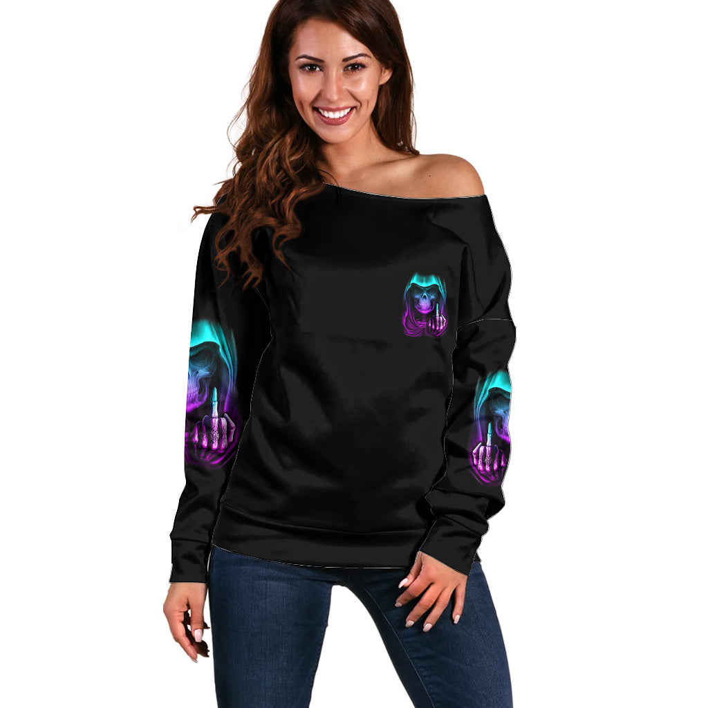 Black off-shoulder sweater with purple-blue skull chest print and long sleeves