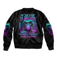 Black bomber jacket with purple-blue skull back graphic, ribbed collar and cuffs.