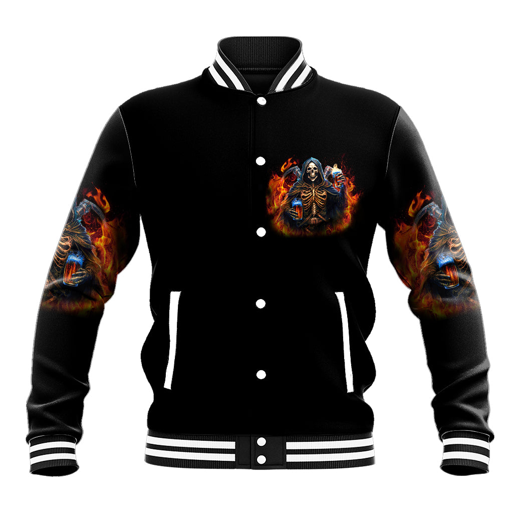 Black snap-up varsity jacket with striped ribbed collar and fiery skeleton chest graphic.