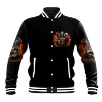 Black snap-up varsity jacket with striped ribbed collar and fiery skeleton chest graphic.