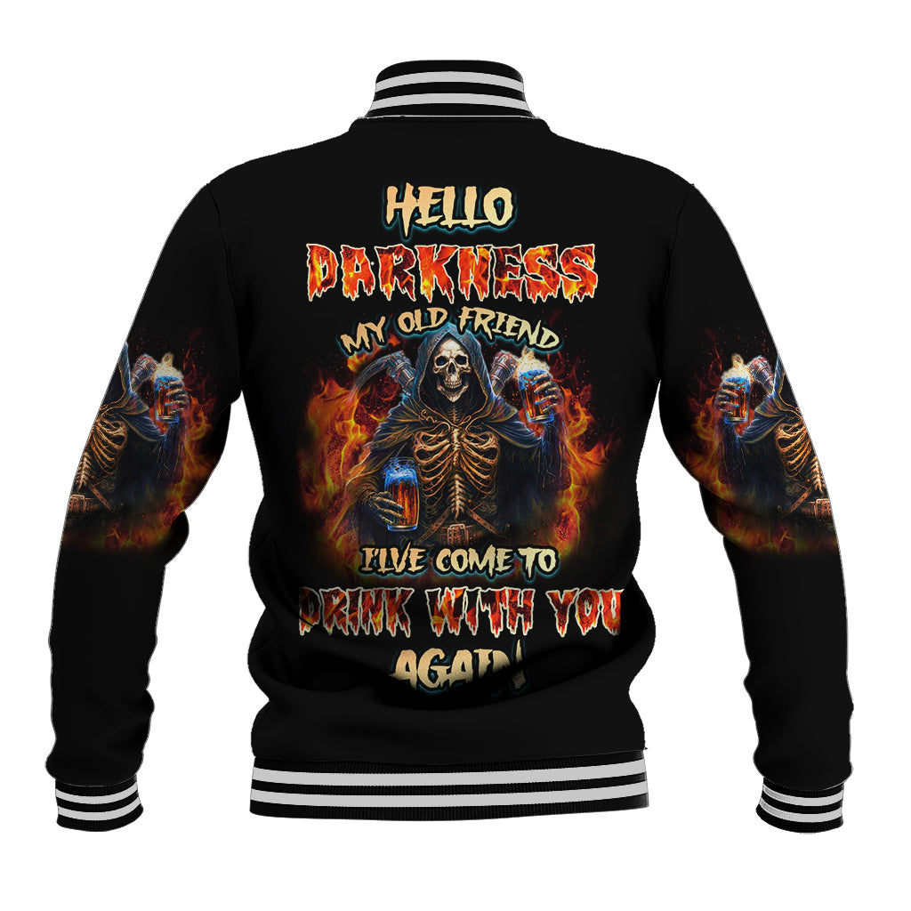 Black baseball jacket with striped ribbed collar, fiery skeleton graphic on back.