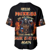 Black baseball jersey with skull graphic and fiery lettering, short sleeves, button front