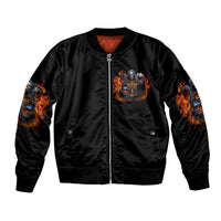 Unisex black bomber jacket with front zipper, flame sleeves, and skeleton graphic
