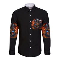 Black long-sleeve button shirt with front skeleton print and flaming sleeve accents