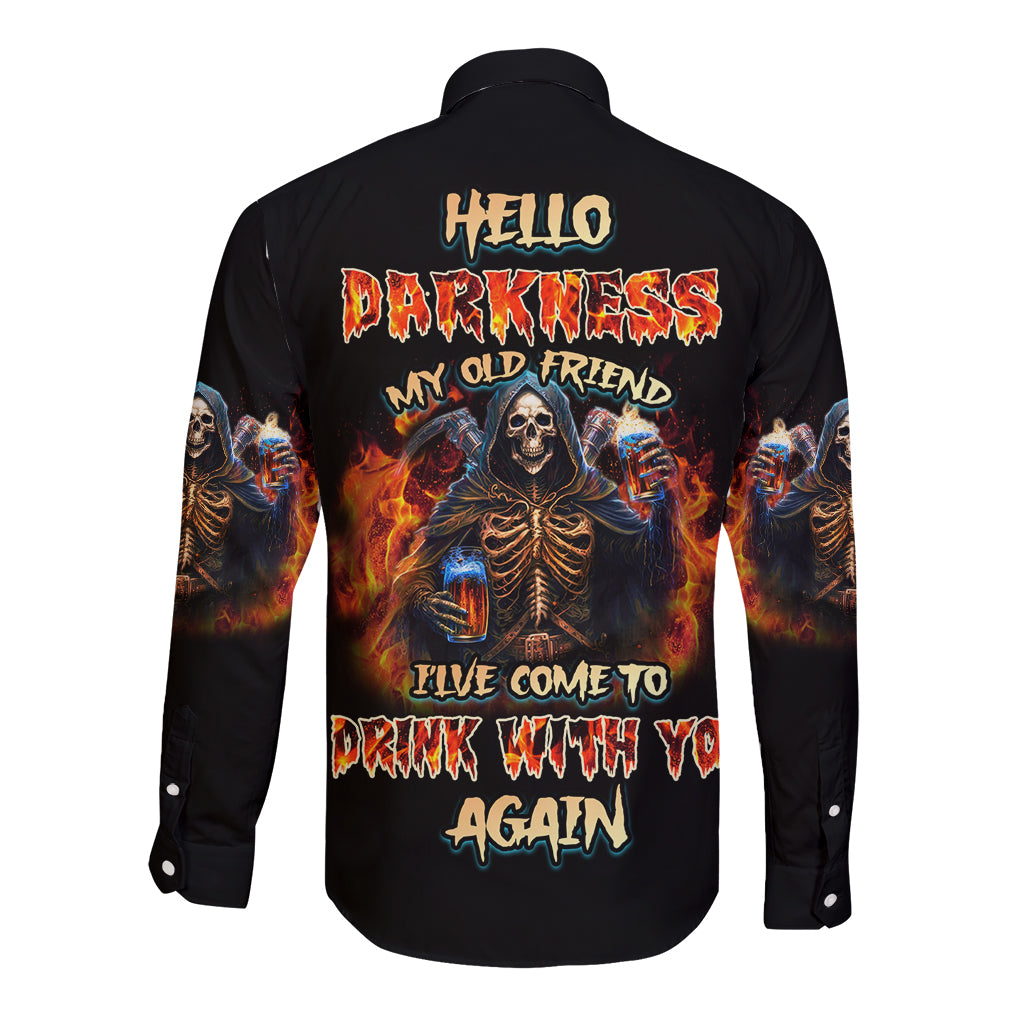 Black long-sleeve button shirt with back skeleton and flame graphic