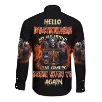 Black long-sleeve button shirt with back skeleton and flame graphic