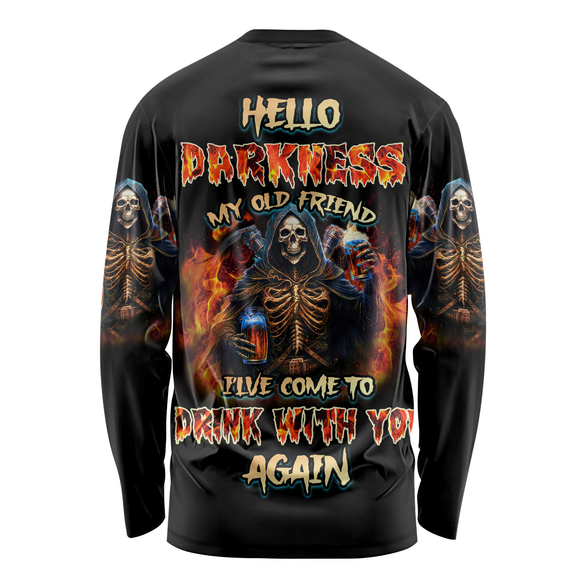 Black long sleeve unisex shirt with multicolor skeleton graphic and fiery text on back