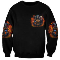 Black unisex sweatshirt with small center skull graphic and fiery sleeve designs