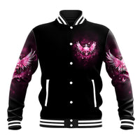 Black varsity jacket with purple-pink heart skull chest graphic, snap buttons and striped ribbing
