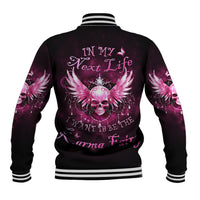 Black baseball jacket with purple-pink skull wing back print, striped ribbed collar and cuffs