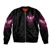 Black satin bomber jacket with pink skull fairy wing badge and front zipper