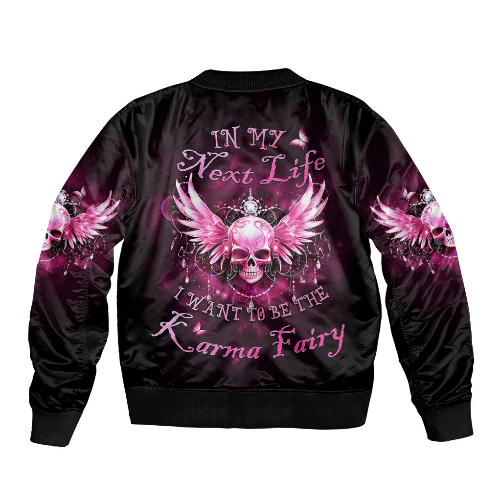Black satin bomber jacket with pink skull fairy graphic on back