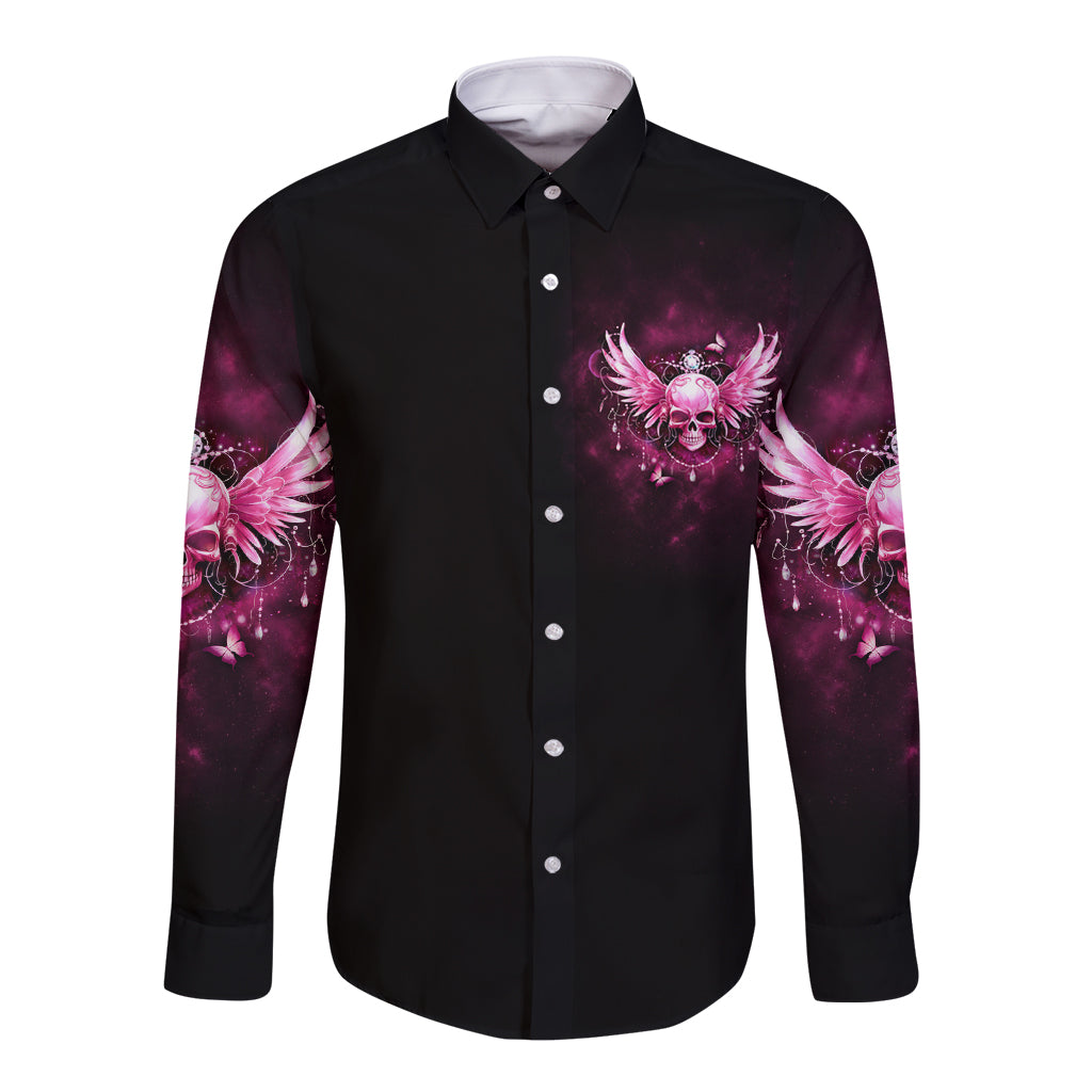 Long-sleeve button shirt, black with front skull-and-wings graphic and purple sleeves