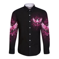 Long-sleeve button shirt, black with front skull-and-wings graphic and purple sleeves