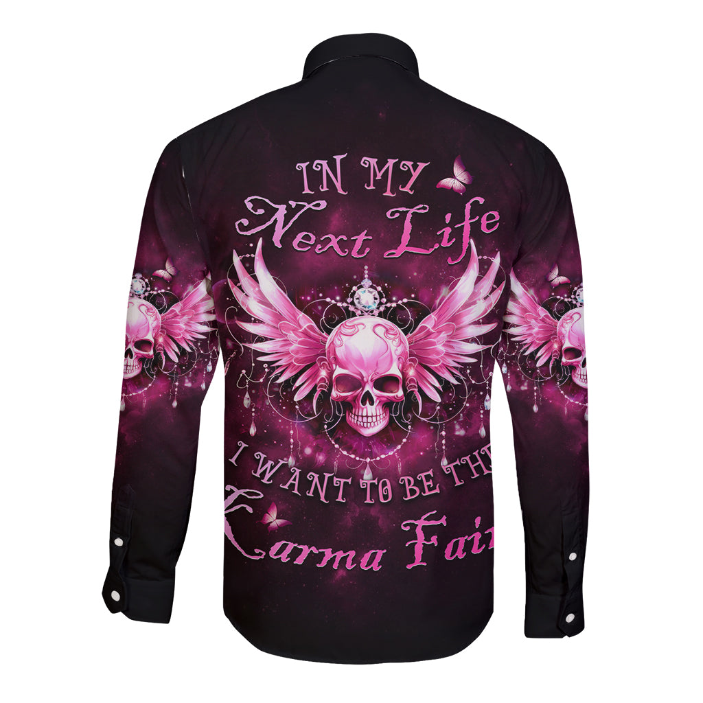 Long-sleeve button shirt, black with purple skull-and-wings graphic on back