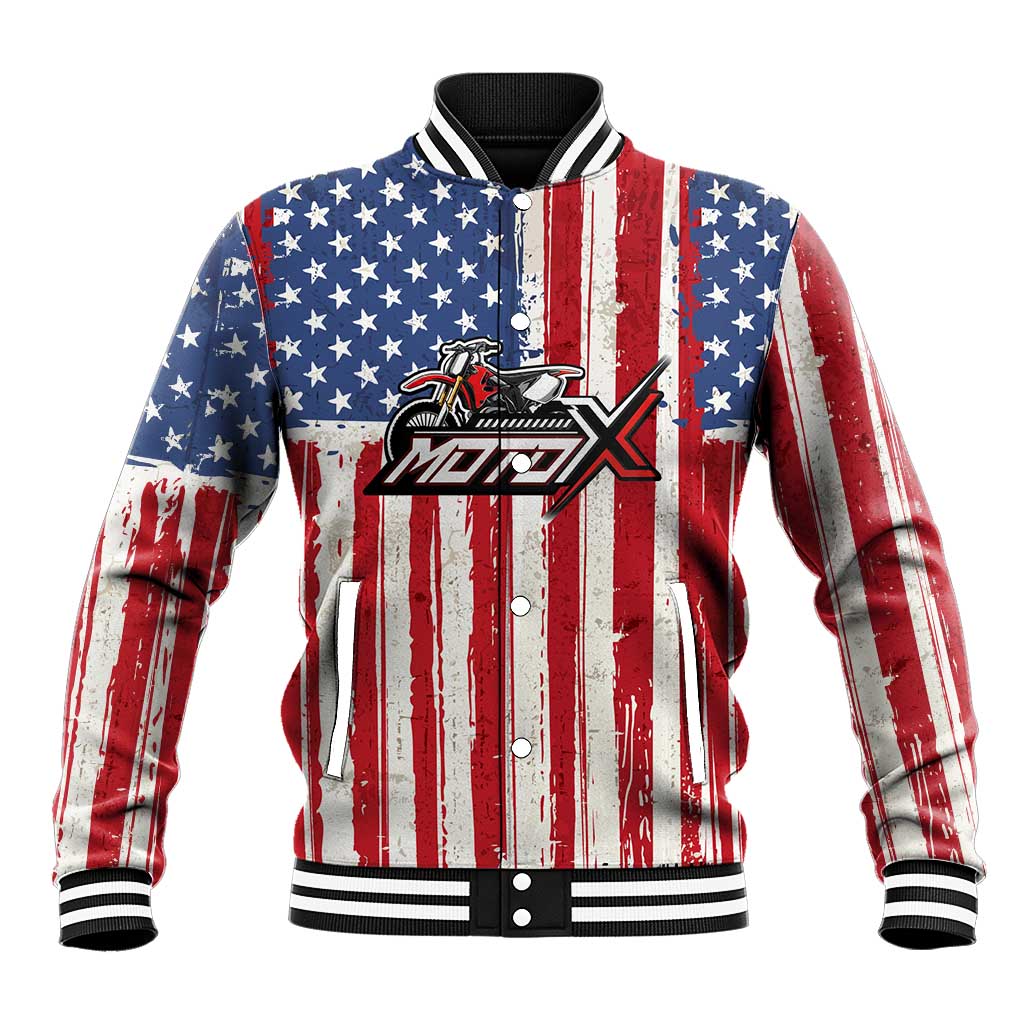 Personalized Motocross Rider Baseball Jacket with American Flag and Thin Blue Line Pattern - Wonder Print Shop