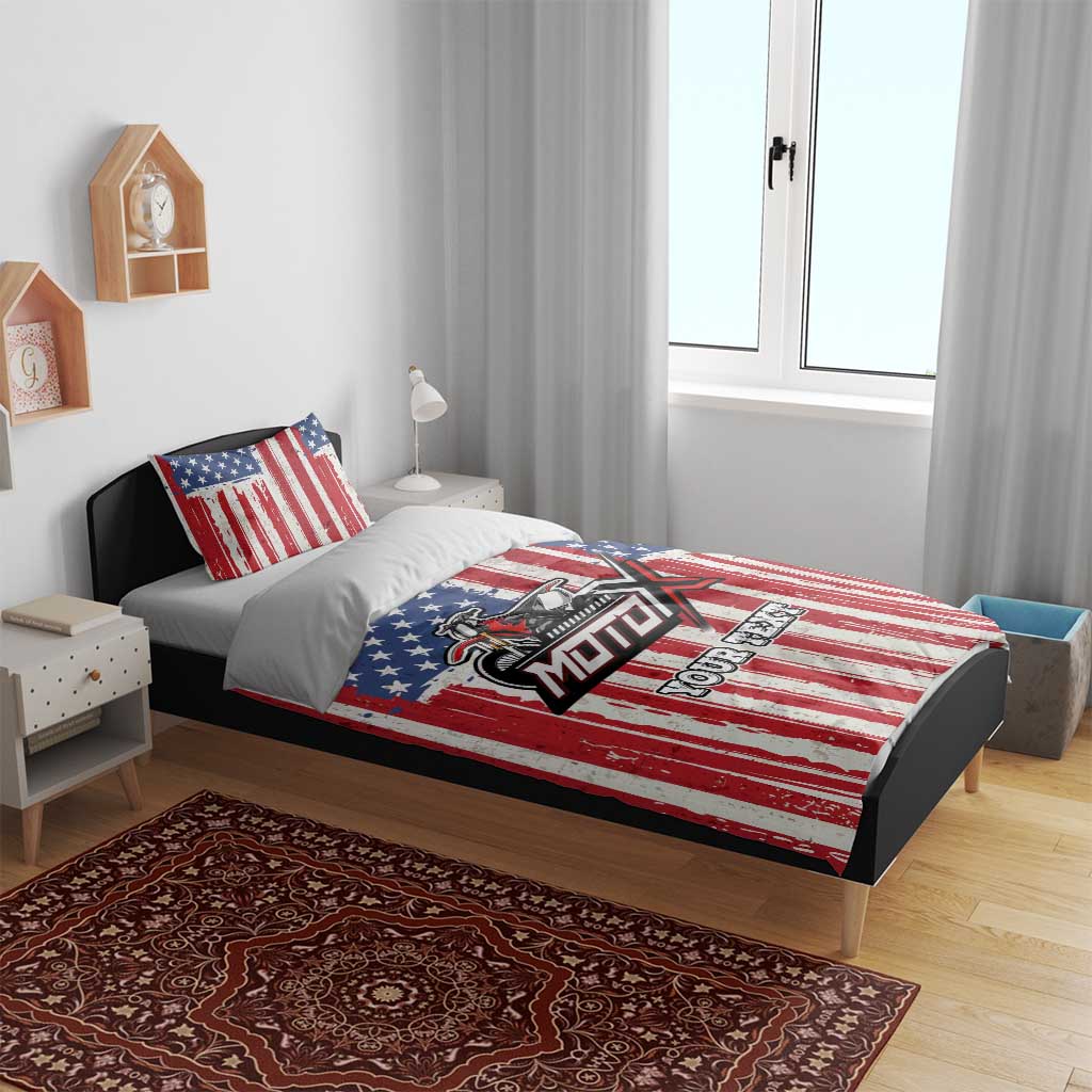 Personalized Motocross Rider Bedding Set with American Flag and Thin Blue Line Pattern - Wonder Print Shop