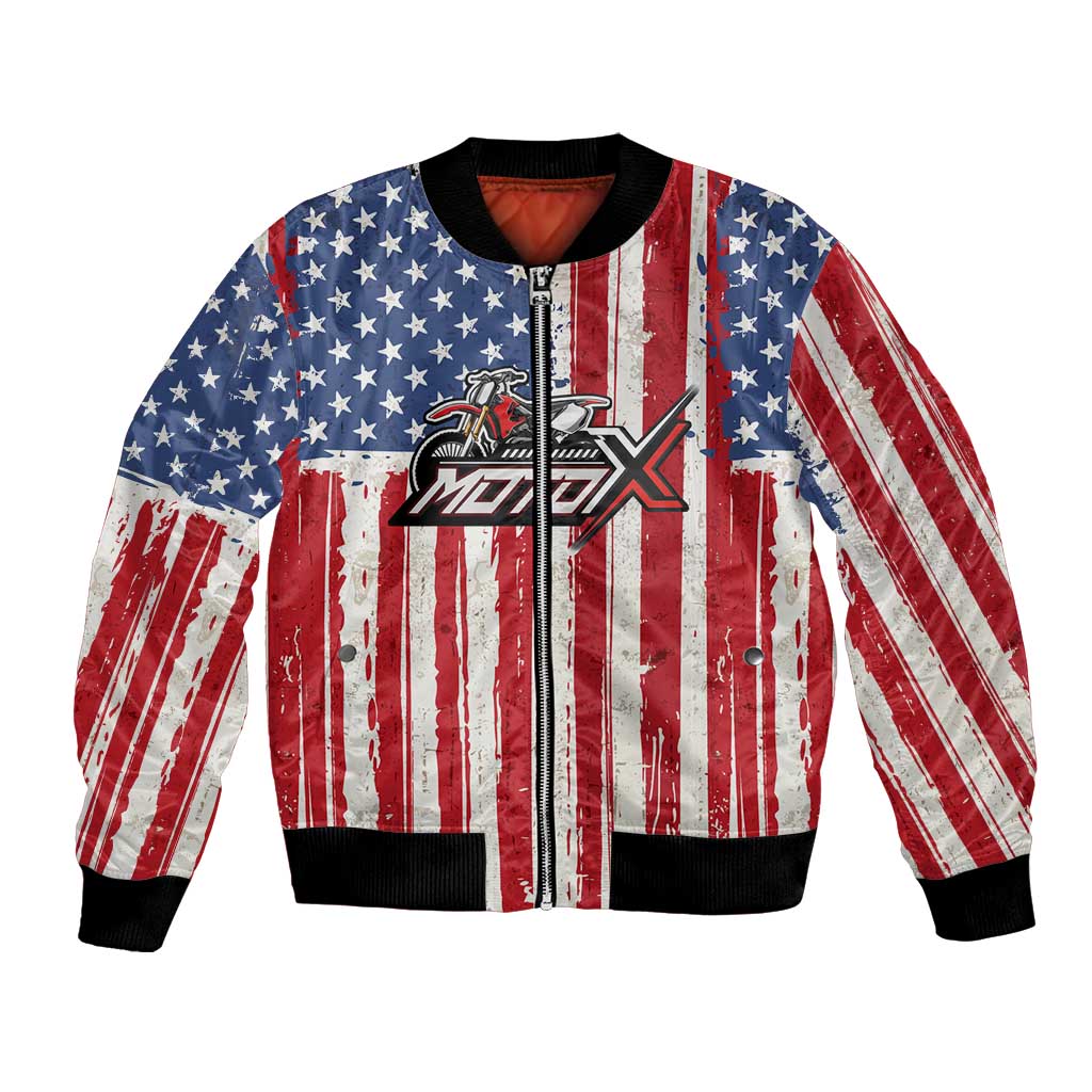 Personalized Motocross Rider Bomber Jacket with American Flag and Thin Blue Line Pattern - Wonder Print Shop
