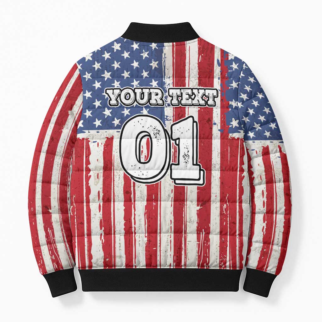 Personalized Motocross Rider Bomber Puffer Jacket with American Flag and Thin Blue Line Pattern - Wonder Print Shop