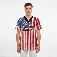 Personalized Motocross Rider Scrub Top with American Flag and Thin Blue Line Pattern - Wonder Print Shop