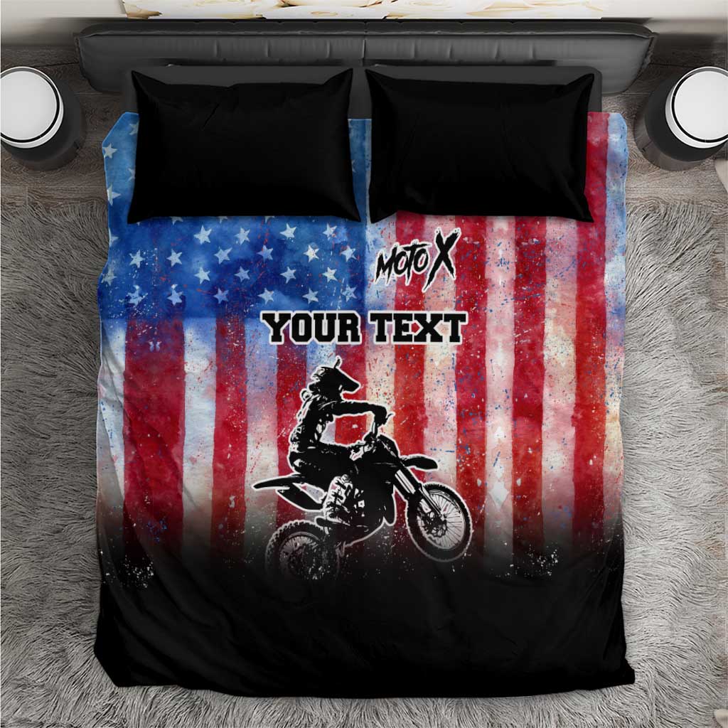 Personalized Motocross Rider Bedding Set with Distressed American Flag in Red White Blue Grunge Style - Wonder Print Shop