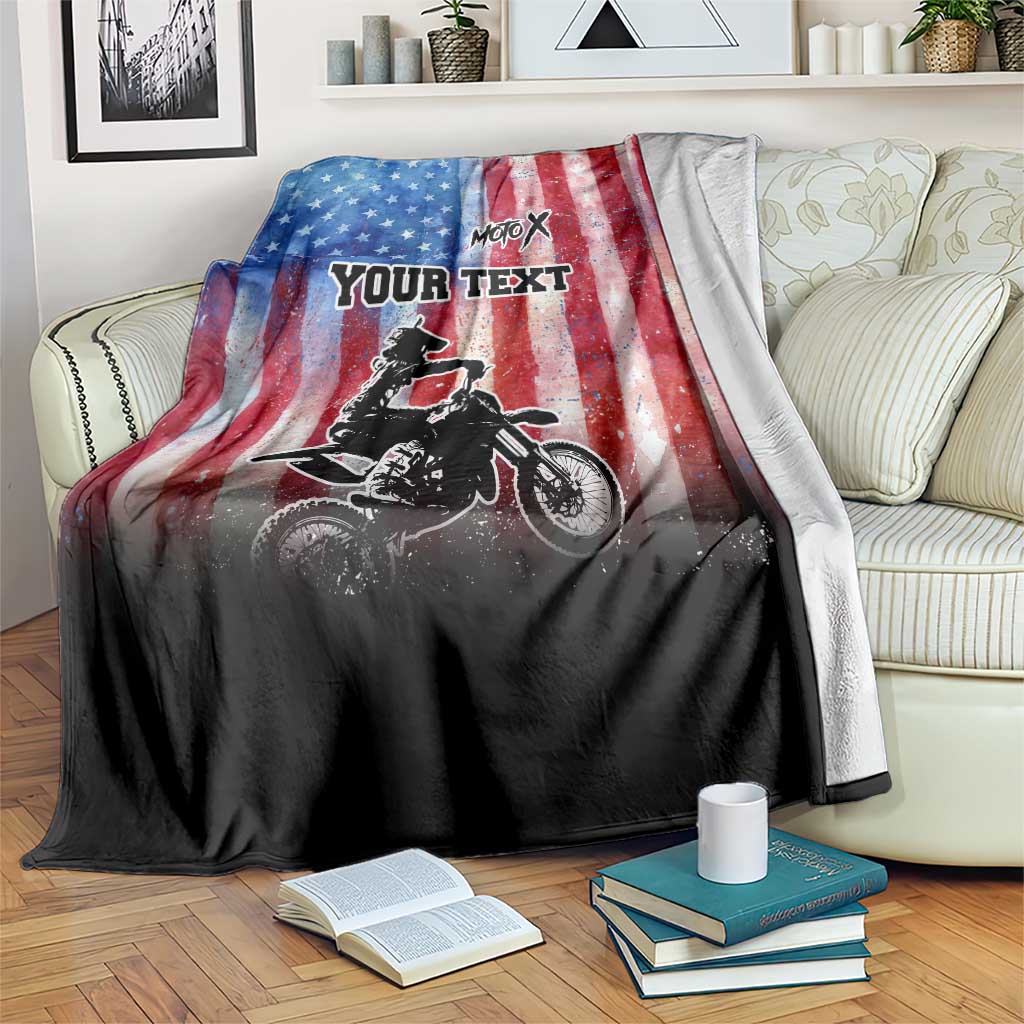 Personalized Motocross Rider Blanket with Distressed American Flag in Red White Blue Grunge Style - Wonder Print Shop