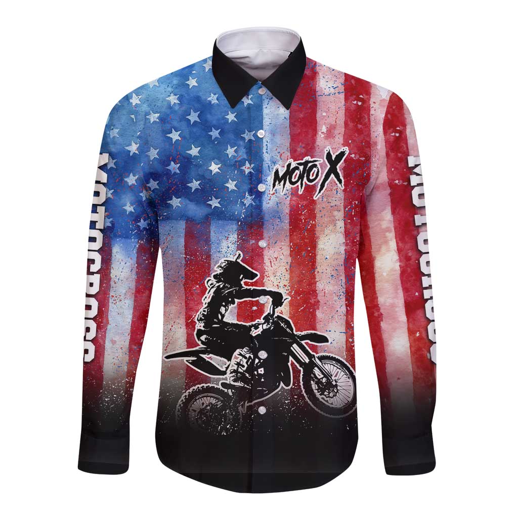 Personalized Motocross Rider Long Sleeve Button Shirt with Distressed American Flag in Red White Blue Grunge Style - Wonder Print Shop