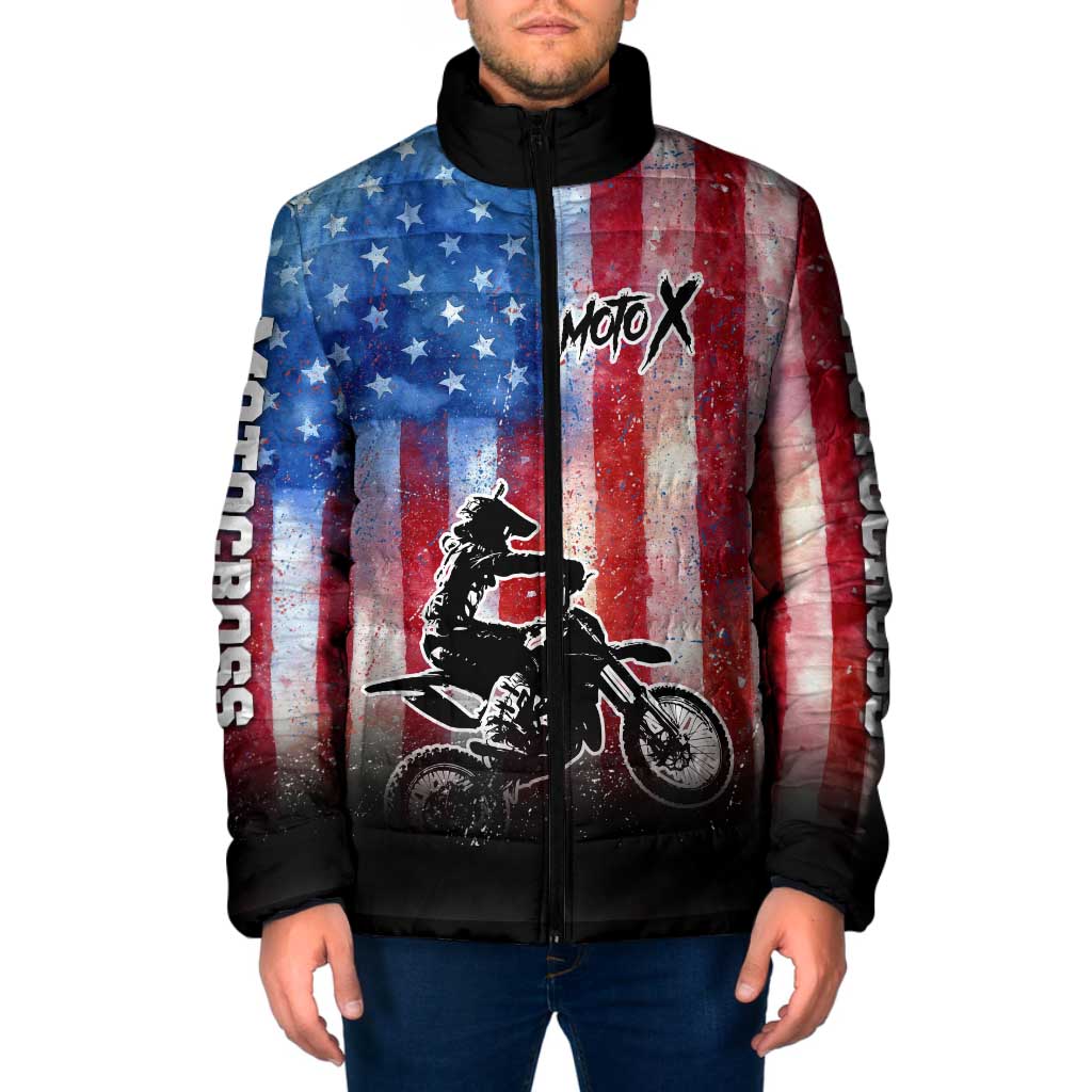 Personalized Motocross Rider Padded Jacket with Distressed American Flag in Red White Blue Grunge Style - Wonder Print Shop