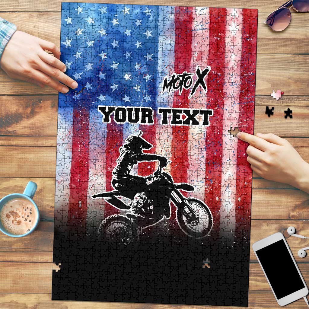 Personalized Motocross Rider Puzzle with Distressed American Flag in Red White Blue Grunge Style - Wonder Print Shop