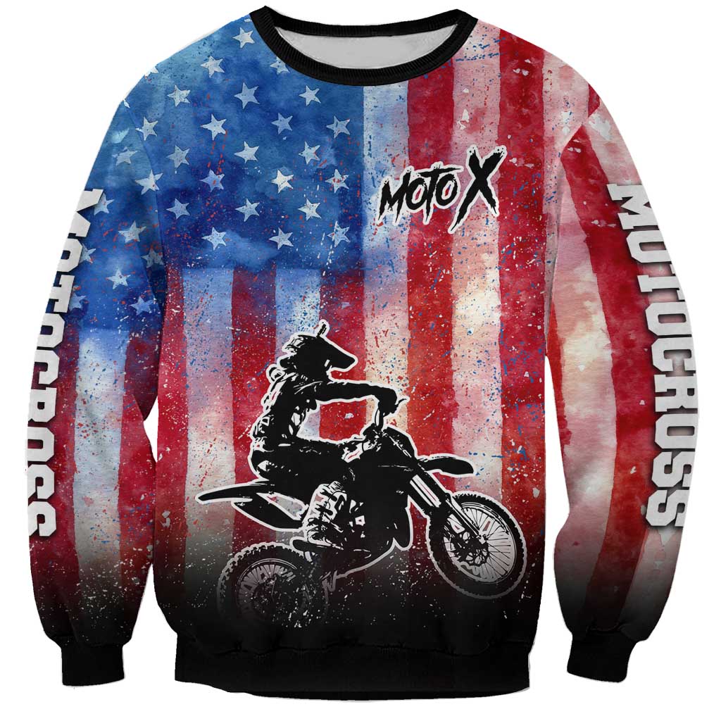 Personalized Motocross Rider Sweatshirt with Distressed American Flag in Red White Blue Grunge Style - Wonder Print Shop