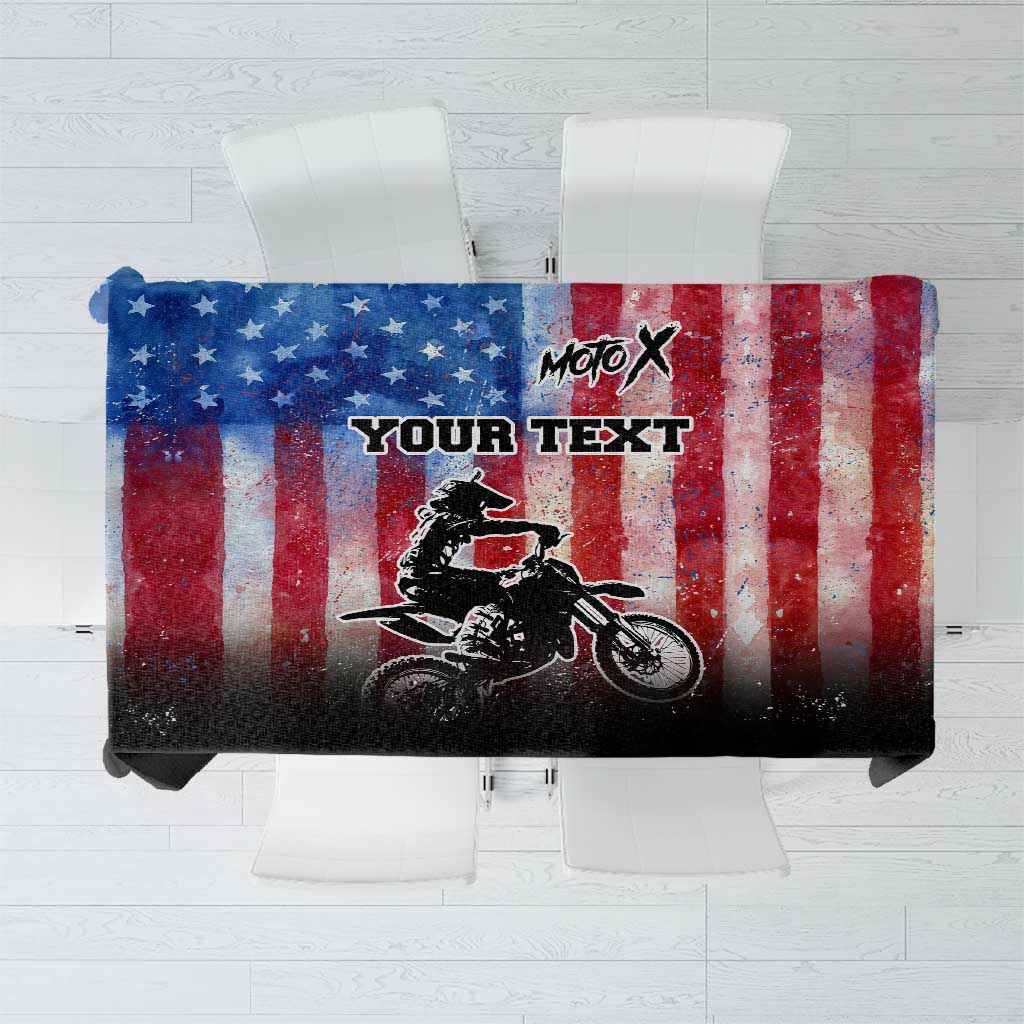 Personalized Motocross Rider Tablecloth with Distressed American Flag in Red White Blue Grunge Style - Wonder Print Shop