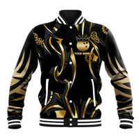 Personalized Golden Tribal Bowling Ball Emblem Baseball Jacket with Black Abstract Metallic Pattern - Wonder Print Shop