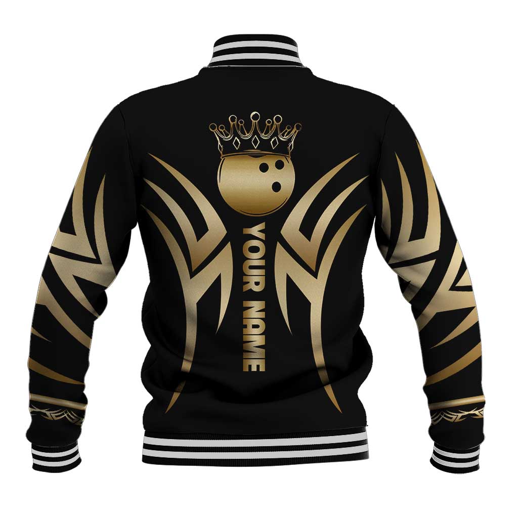 Personalized Golden Tribal Bowling Ball Emblem Baseball Jacket with Black Abstract Metallic Pattern - Wonder Print Shop