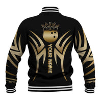 Personalized Golden Tribal Bowling Ball Emblem Baseball Jacket with Black Abstract Metallic Pattern - Wonder Print Shop