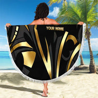 Personalized Golden Tribal Bowling Ball Emblem Beach Blanket with Black Abstract Metallic Pattern - Wonder Print Shop