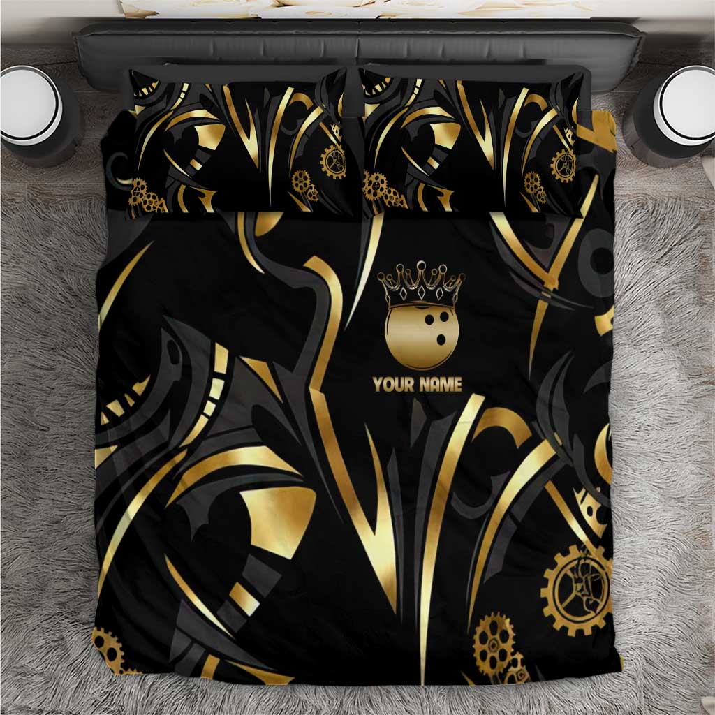 Personalized Golden Tribal Bowling Ball Emblem Bedding Set with Black Abstract Metallic Pattern - Wonder Print Shop