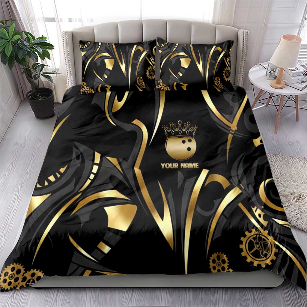 Personalized Golden Tribal Bowling Ball Emblem Bedding Set with Black Abstract Metallic Pattern - Wonder Print Shop