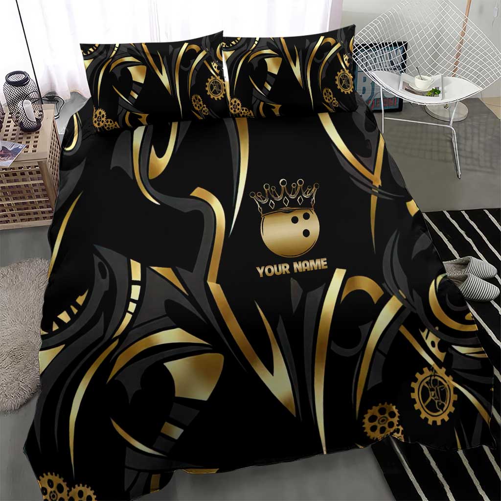 Personalized Golden Tribal Bowling Ball Emblem Bedding Set with Black Abstract Metallic Pattern - Wonder Print Shop