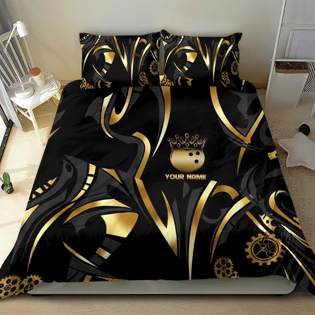 Personalized Golden Tribal Bowling Ball Emblem Bedding Set with Black Abstract Metallic Pattern - Wonder Print Shop