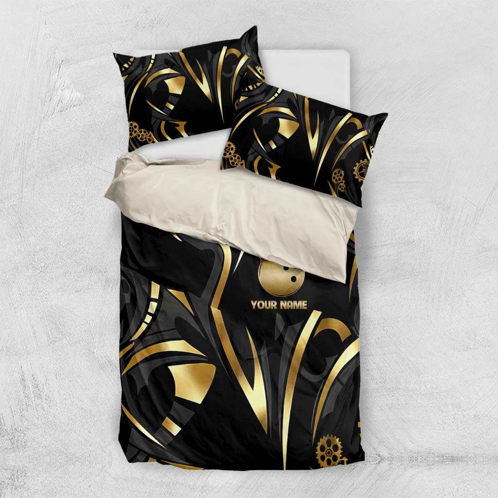 Personalized Golden Tribal Bowling Ball Emblem Bedding Set with Black Abstract Metallic Pattern - Wonder Print Shop