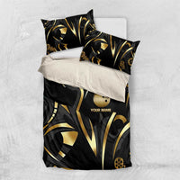 Personalized Golden Tribal Bowling Ball Emblem Bedding Set with Black Abstract Metallic Pattern - Wonder Print Shop