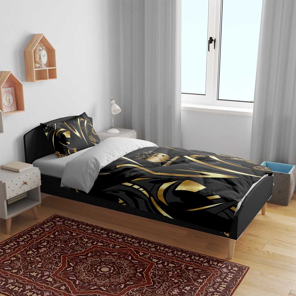 Personalized Golden Tribal Bowling Ball Emblem Bedding Set with Black Abstract Metallic Pattern - Wonder Print Shop