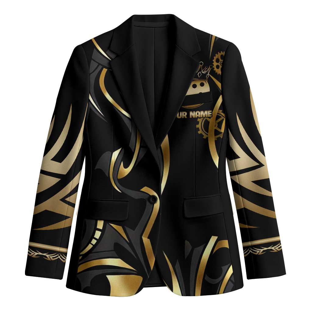 Personalized Golden Tribal Bowling Ball Emblem Blazer with Black Abstract Metallic Pattern - Wonder Print Shop