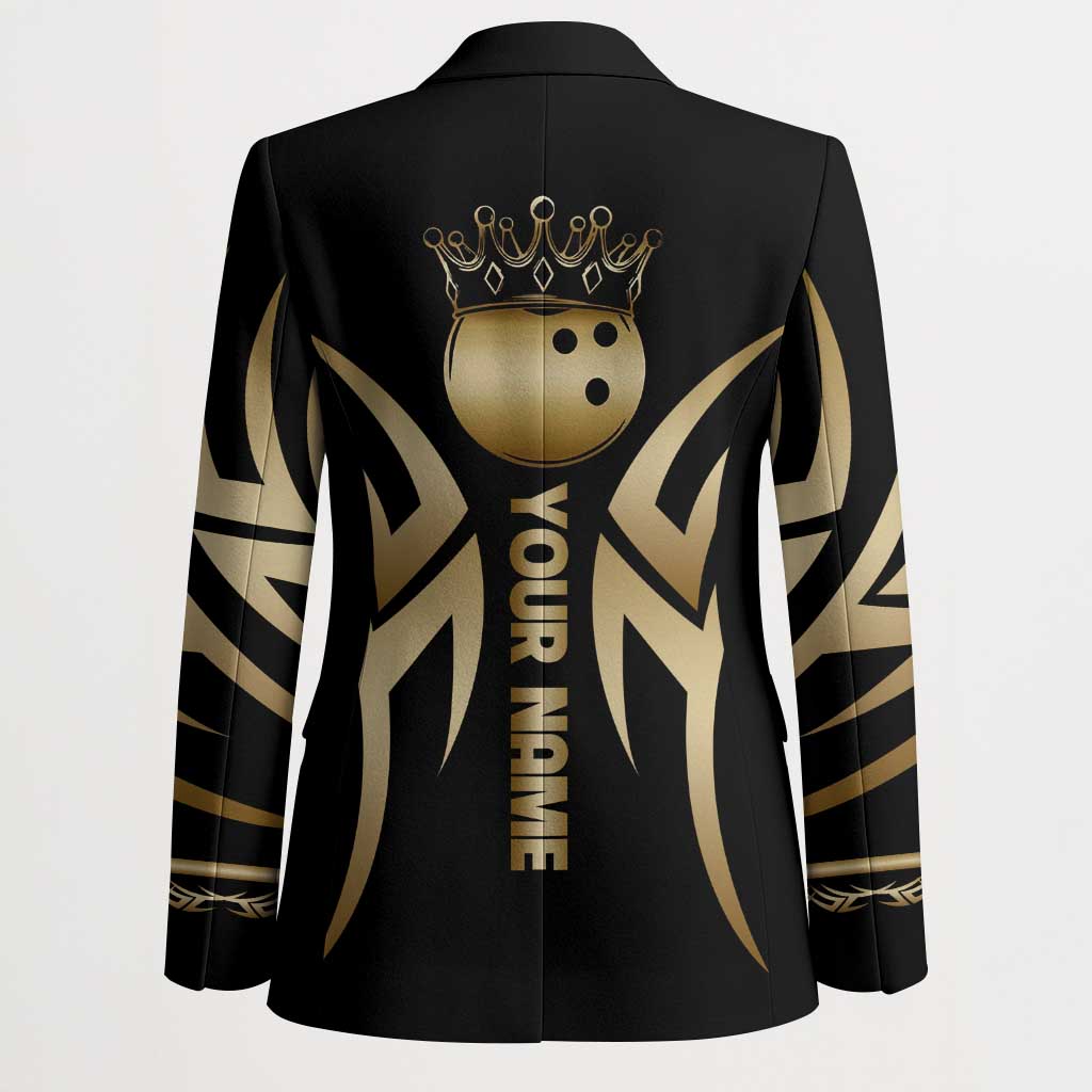 Personalized Golden Tribal Bowling Ball Emblem Blazer with Black Abstract Metallic Pattern - Wonder Print Shop