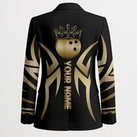 Personalized Golden Tribal Bowling Ball Emblem Blazer with Black Abstract Metallic Pattern - Wonder Print Shop